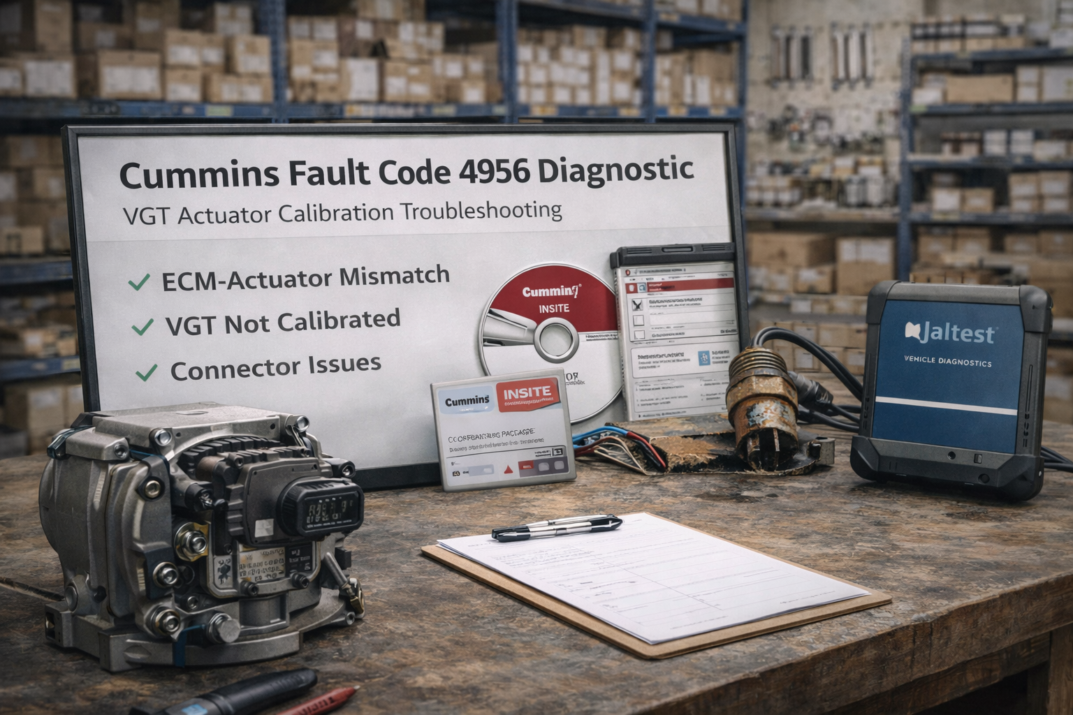 Cummins VGT actuator and diagnostic tools on workbench for calibration and troubleshooting