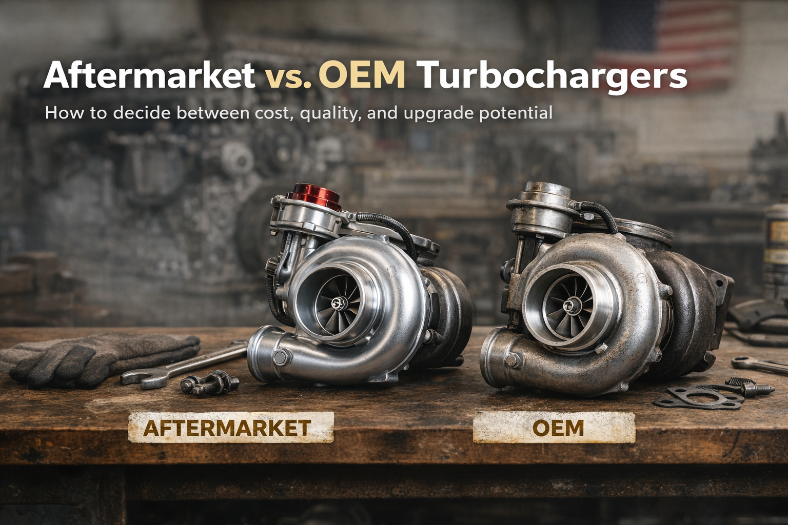 Two turbochargers showing aftermarket and OEM differences placed on wooden workbench in workshop