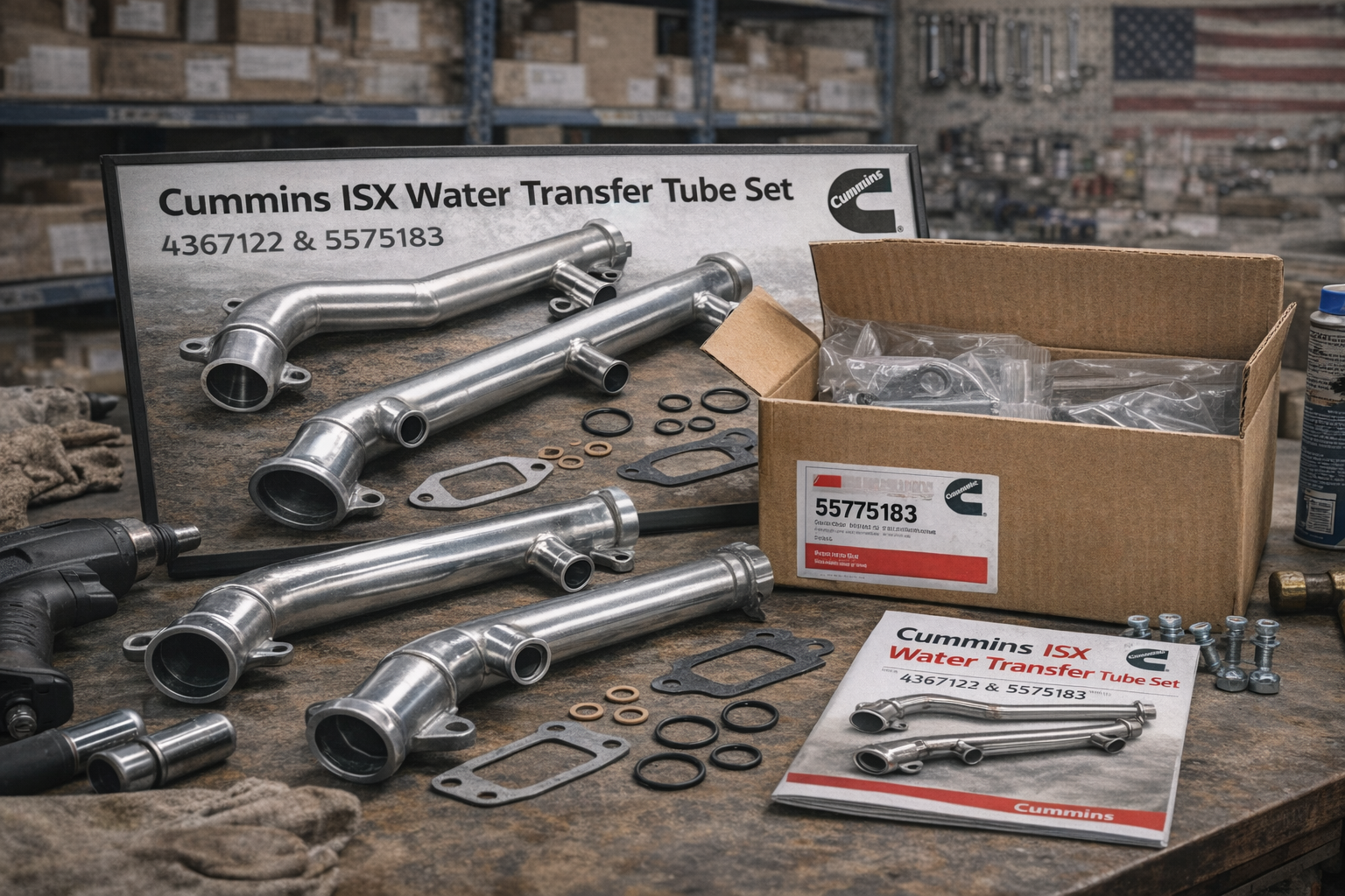 Cummins ISX water transfer tube set with gaskets and hardware on workshop bench