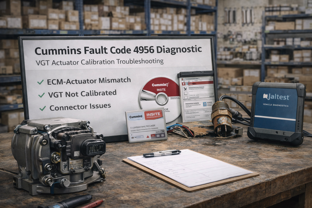 Cummins VGT actuator and diagnostic tools on workbench for calibration and troubleshooting