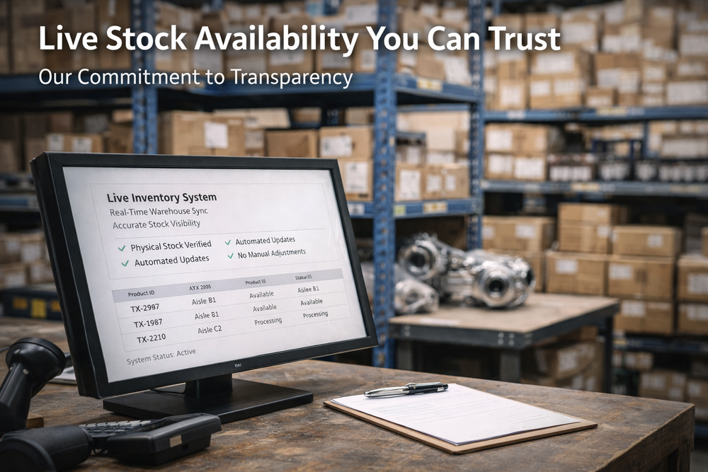 Turbocharger warehouse inventory system with organized shelves and workstation showing real-time stock management