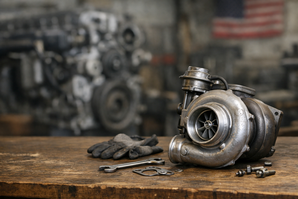 Turbocharger on a workshop bench with installation tools and diesel engine background