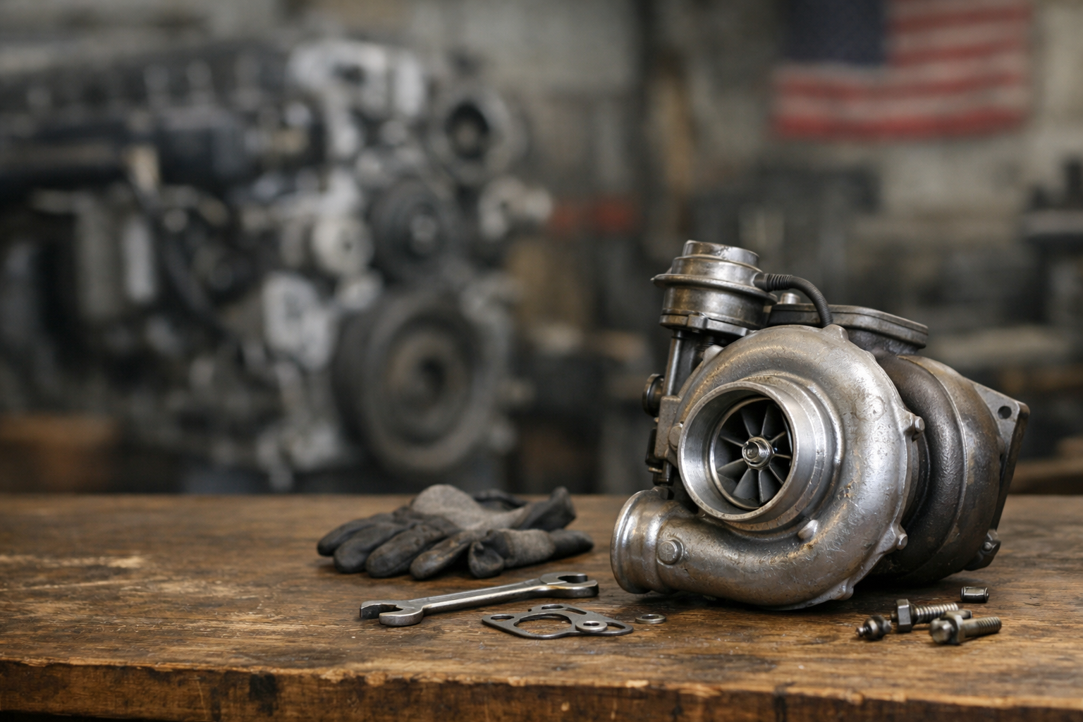 Turbocharger on a workshop bench with installation tools and diesel engine background
