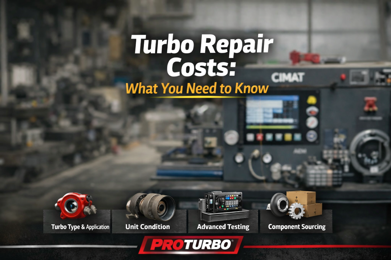 Turbocharger repair cost guide with industrial workshop and testing equipment background